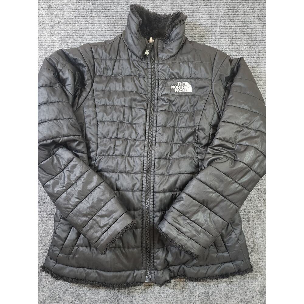 The North Face Jacket Girls Medium Black Reversible Fleece Puffer Mossbud Swirl